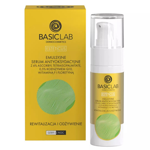 BasicLab Emulsyjne Serum Antyoksydacyjne z 6% Ascorbyl Tetraisopalmitate Rewitalizacja i Odżywienie dla Skóry Suchej i Bardzo Suchej na Dzień i na Noc 30ml Best Before 31.05.26
