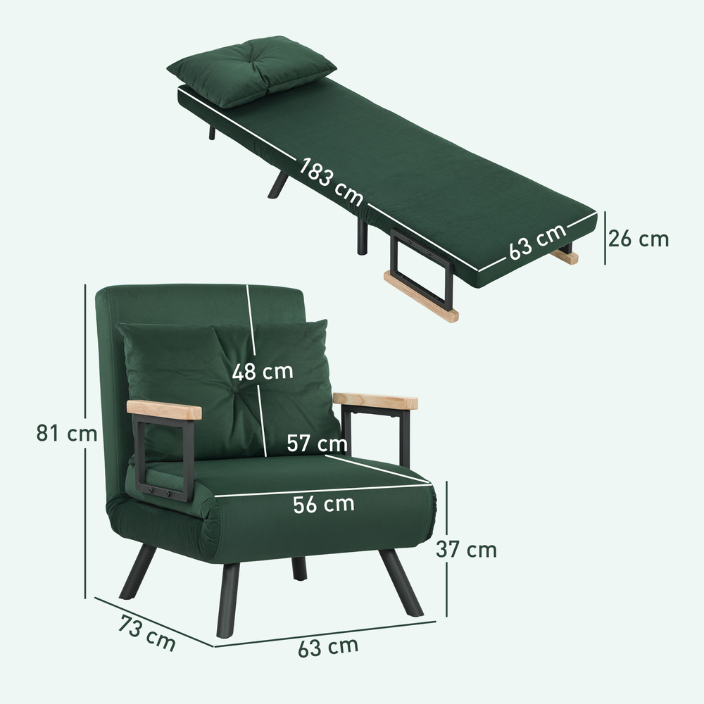 HOMCOM 4-in-1 Velvet-Feel Single Chair Bed, with Pillow - Green