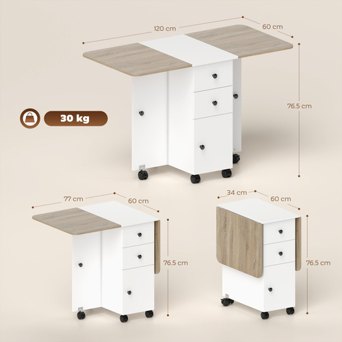 HOMCOM Multi-Storage Six-Person Drop Leaf Dining Table - Oak and White