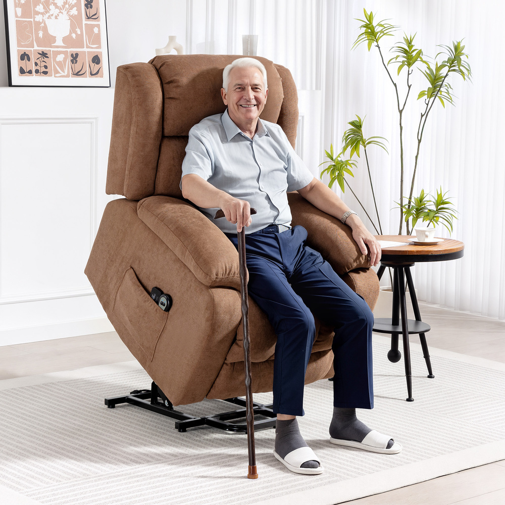 HOMCOM Power Lift Recliner Chair with Massage, Overstuffed Lift Chair for Elderly with Footrest, Remote and Side Pocket, Brown