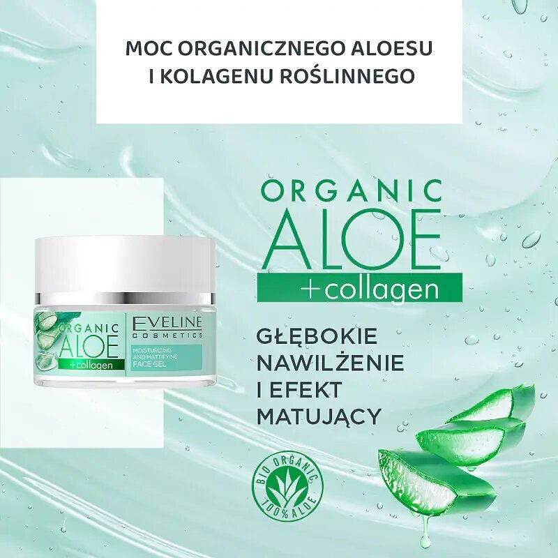 Eveline Organic Aloe + Collagen Wegański Nawilżający Żel dla Skóry Normalnej i Mieszanej 50ml
