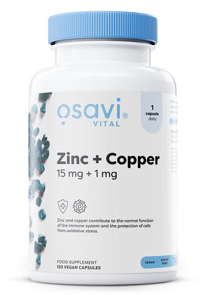 Osavi Cynk + Miedź, 15mg + 1mg Na Wsparcie Odporności i Zdrową Skórę 120 Wegańskich Kapsułek