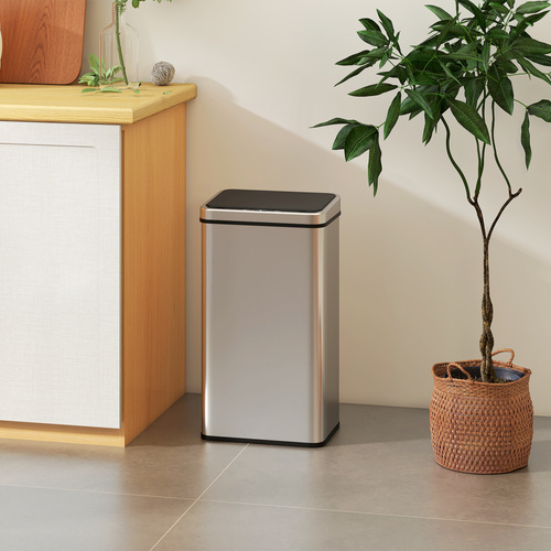 HOMCOM 50L Sensor Bin with Quiet Soft-Close Lid, Automatic Touchless Motion Sensor Kitchen Bin with Fingerprint Resistant Stainless Steel for Hygienic Gyms, Home Office Use, Silver Tone