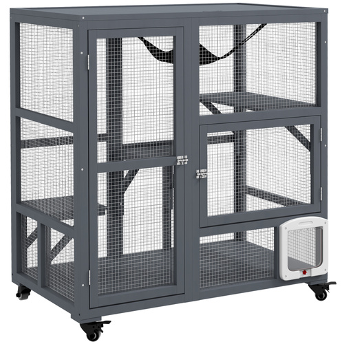 PawHut Cat House, Wooden Indoor Catio Cat Enclosure on Wheels, Wooden Kitty Cage with Platforms, Hammock, Light Grey