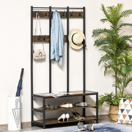 HOMCOM Coat Rack Stand, Free Standing Hall Tree, Coat Stand with Hooks, Bench and Shoe Rack, 100cm x 38.5cm x 185.5cm, Industrial Style, Rustic Brown and Black