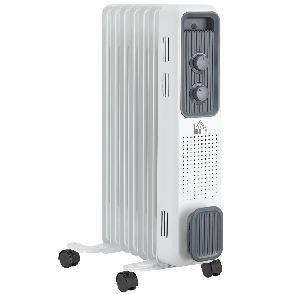 HOMCOM 1500W Oil Filled Radiator, Portable Electric Heater with 3 Heat Settings, Safety Cut-Off and Wheels, White