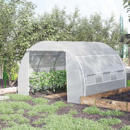 Outsunny 3 x 3 x 2 m Polytunnel Greenhouse with Roll-up Side Walls, Walk-in Grow House Tent with Steel Frame, Reinforced Cover, Zipped Door and 6 Mesh Windows for Garden, White