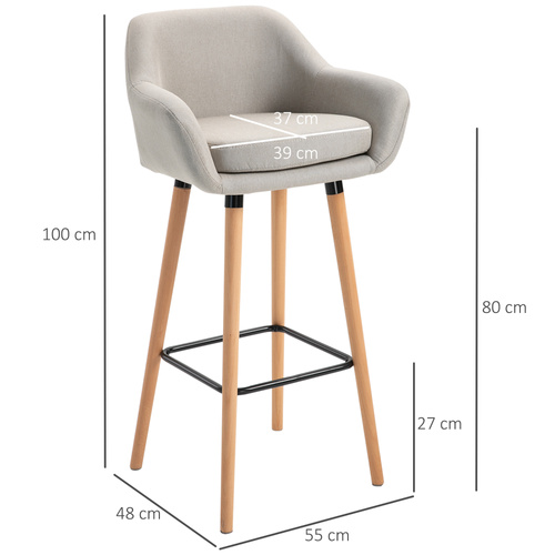 HOMCOM Set of 2 Bar Stools Modern Upholstered Seat Bar Chairs with Metal Frame, Solid Wood Legs Living Room Dining Room Fabric Furniture - Beige