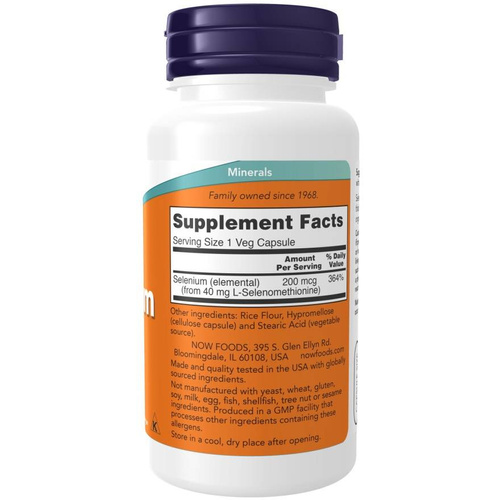 Now Foods Selenium 200mcg Selen Wspomaga Układ Odpornościowy Zdrowie Włosów Skóry i Paznokci 180 Kapsułek