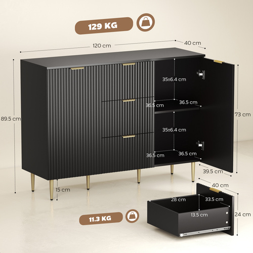 HOMCOM 2-Door Sideboard with 3 Drawers and Adjustable Shelves - Black