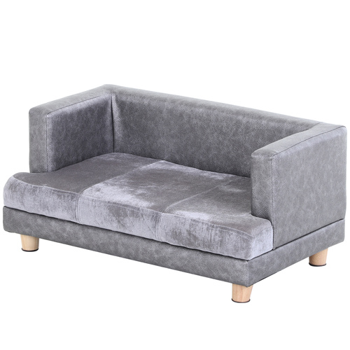 PawHut Dog Sofa Bed for Small-Sized Dogs, Elevated Pet Chair with PU Cover, Soft Cushion, Cat Couch Lounger with Anti-slip Legs - Grey