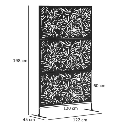 Outsunny Decorative Garden Privacy Screen with Stand, 6.5FT Freestanding Metal Outdoor Divider, Decorative Privacy Panel with Expansion Screws for Garden Pool Hot Tub, Bamboo Style, Black