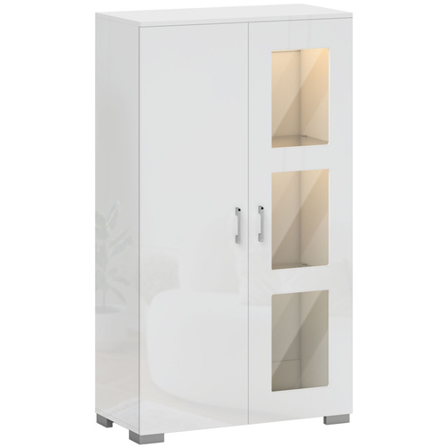 HOMCOM High Gloss Sideboard, Display Cabinet with 16-Colour RGB LED Lights and Remote Control, Modern Storage Cupboard with Glass Doors and Shelves for Living Room, Dining Room, Kitchen, White