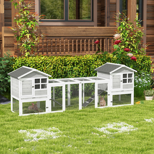 PawHut 2 in 1 Rabbit Hutch Outdoor Guinea Pig Hutch Bunny Run Double Main House with Run, No-Leak Tray 259 x 64 x 92cm, Grey