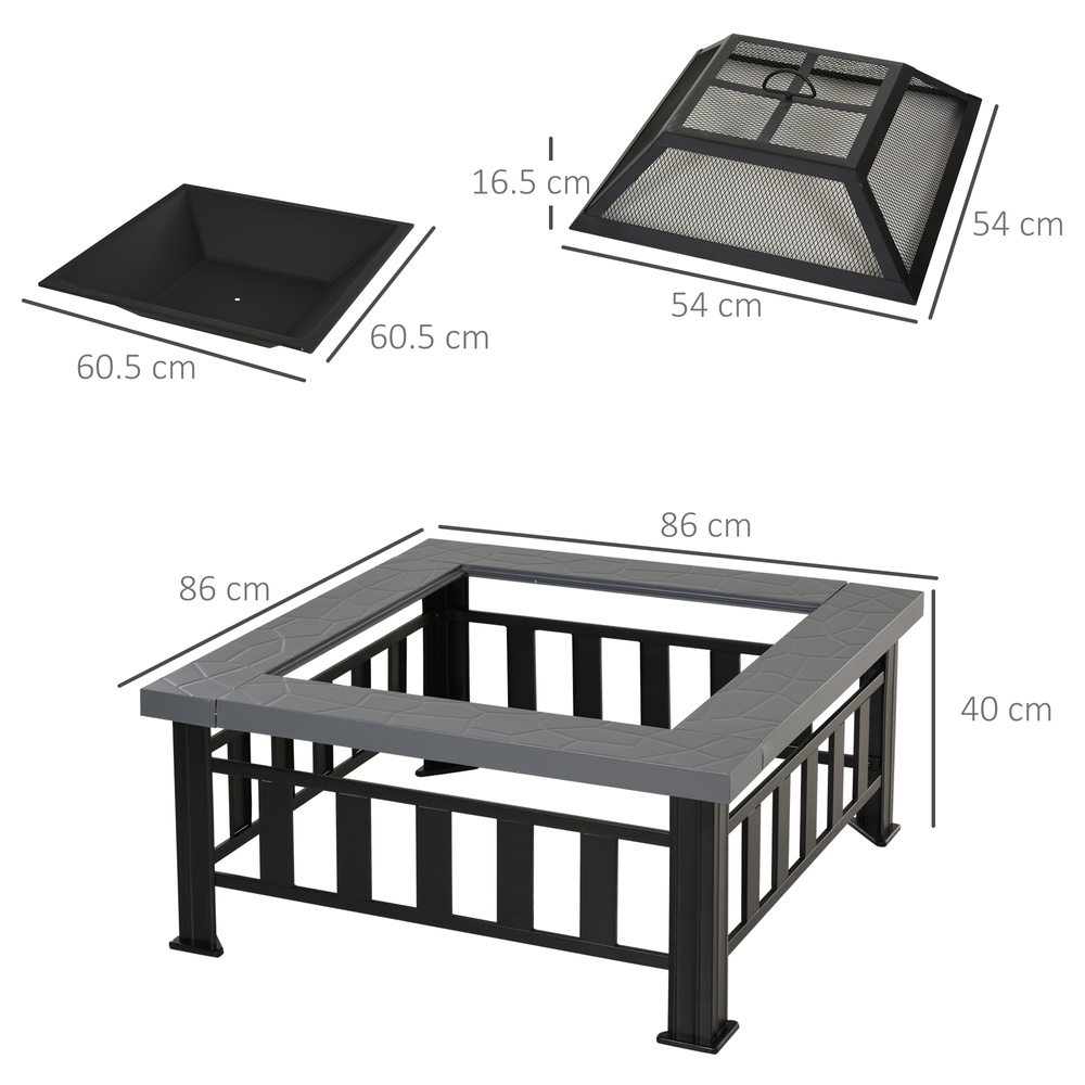 Outsunny Metal Large Firepit Outdoor Square Fire Pit Brazier with Rain Cover, Lid, Log Grate, Poker for Backyard, Camping, BBQ, Bonfire, Wood Burning Stove, 86 x 86 x 54cm, Black