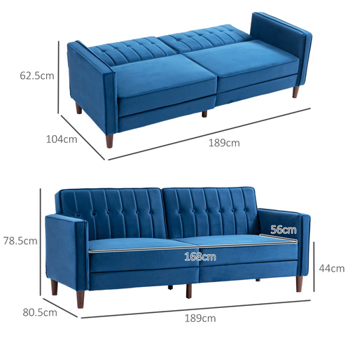 HOMCOM Velvet-Feel Three-Seater Sofa Bed with Adjustable Split Back - Blue