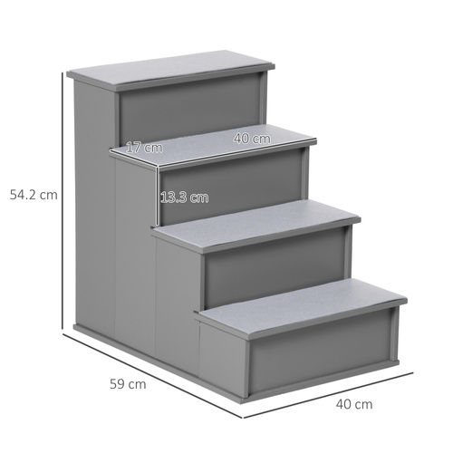 PawHut 4 Step Dog Steps for Bed, Wooden Dog Steps for Sofa, Pet Stairs for Bed Couch with Non-Slip Carpet for Cats and Puppies, 40 x 59 x 54.2 cm, Grey