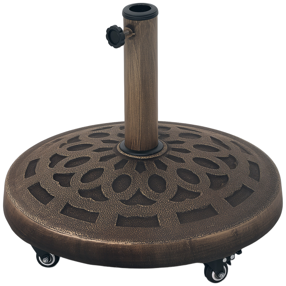 Outsunny 21kg Resin Garden Parasol Base with Wheels, Round Umbrella Stand, Heavy Duty Sun Umbrella Base for 32, 38, 48 mm Umbrella Poles for Deck Poolside, Bronze Tone