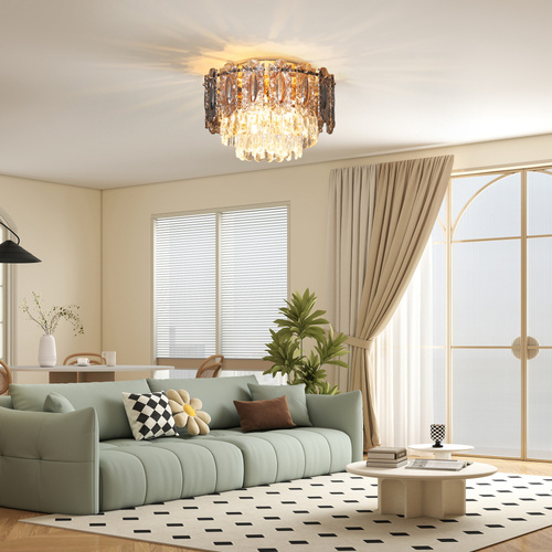 HOMCOM Chandelier Ceiling Light, 3-Light Vintage Flush Mount Fixture with Dual Crystal and Smoke Glass Shade, LED Ceiling Light for Living Room Bedroom, 3 E14 Sockets, Bulbs Not Included, Gold Tone