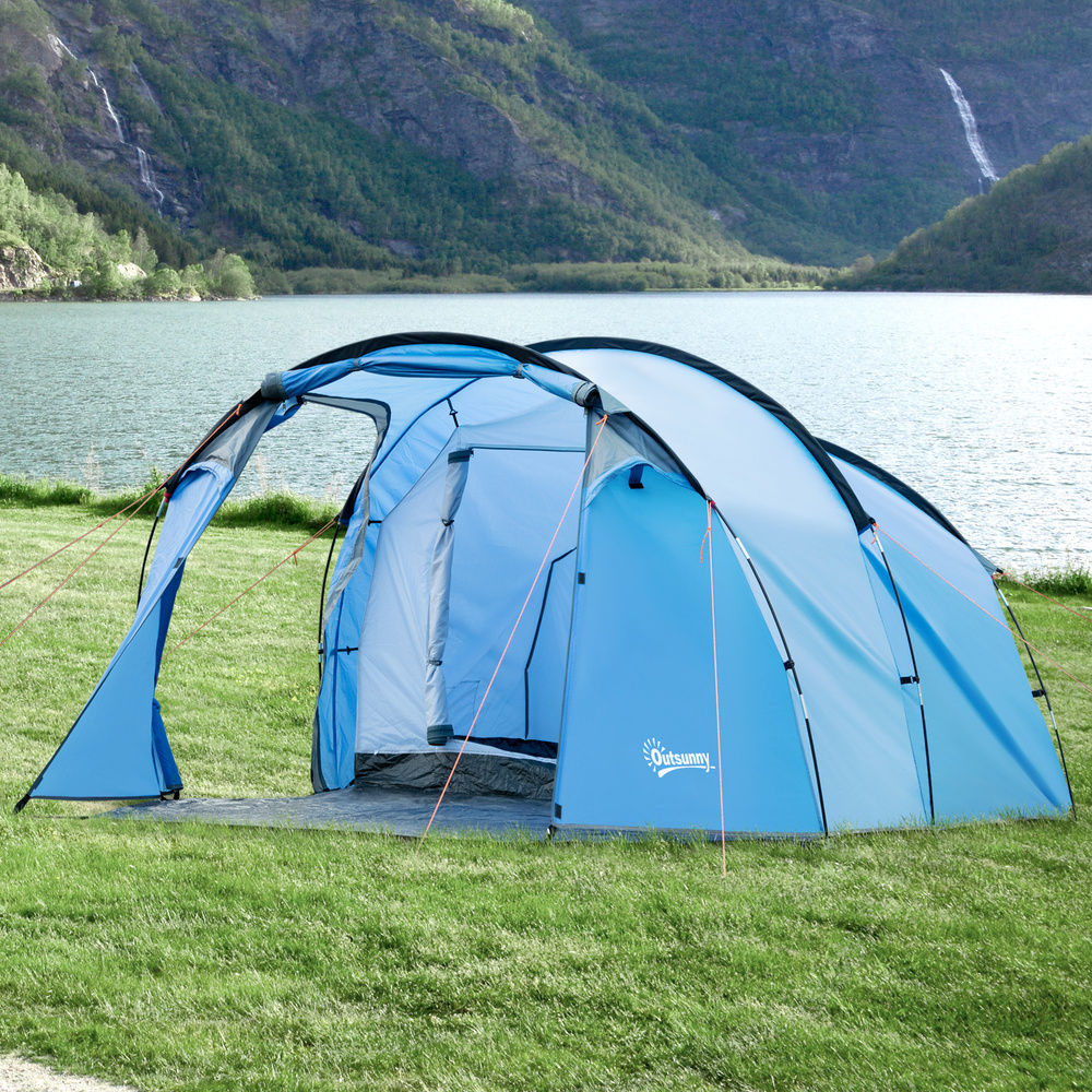 Outsunny 2 Room Tent with Vestibule, Weather-Resistant Camping Tent with Air Vents for Fishing Hiking, Sky Blue