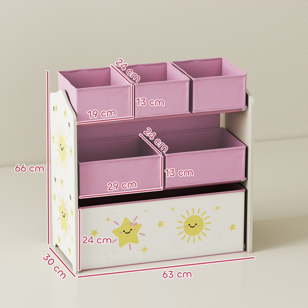 AIYAPLAY Kids Toy Storage Units, 3-Tier Toy Organiser Shelf with 6 Removable Boxes for Kids, Bedroom, Playroom, Pink