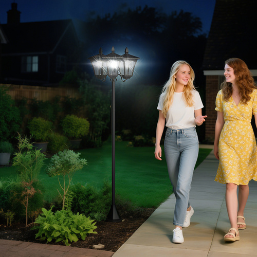 Outsunny 1.8m Traditional Victorian Style 3 Way Head Outdoor Garden Solar Post Lamp Sensor Dimmable LED Lantern Bollard Pathway IP44 – Black