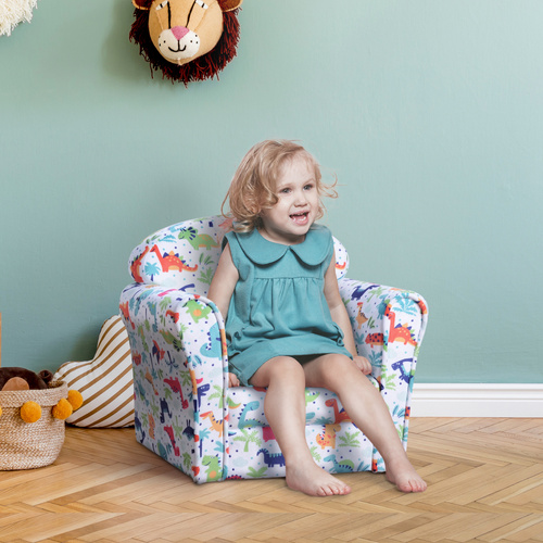 HOMCOM Children's Armchair Flannel Kids Sofa Tub Chair Cartoon Dinosaur Pattern Wooden Frame Bedroom Playroom Seater Multicolour