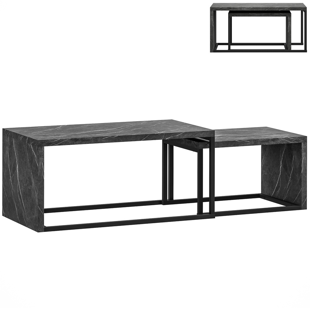 HOMCOM Nesting Coffee Table Set of 2, Industrial Stacking Side End Tables with Metal Frame for Living Room, Bedroom, Dark Grey Marble Effect