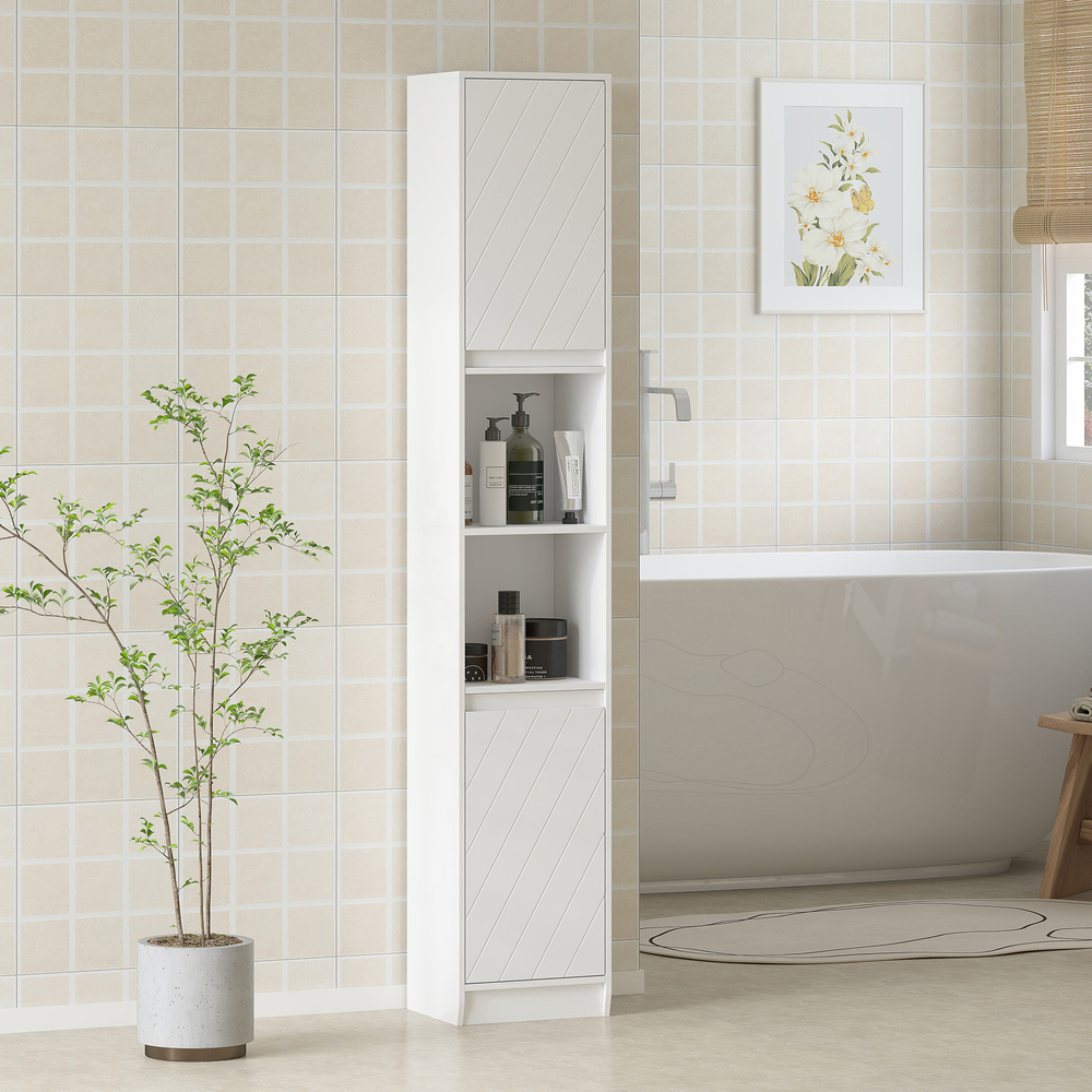 HOMCOM Narrow Bathroom Cabinet, Slim Bathroom Storage Unit with Open Compartment, Freestanding Storage Cupboard with Adjustable Shelves for Small Spaces, 30 x 24 x 170 cm, White