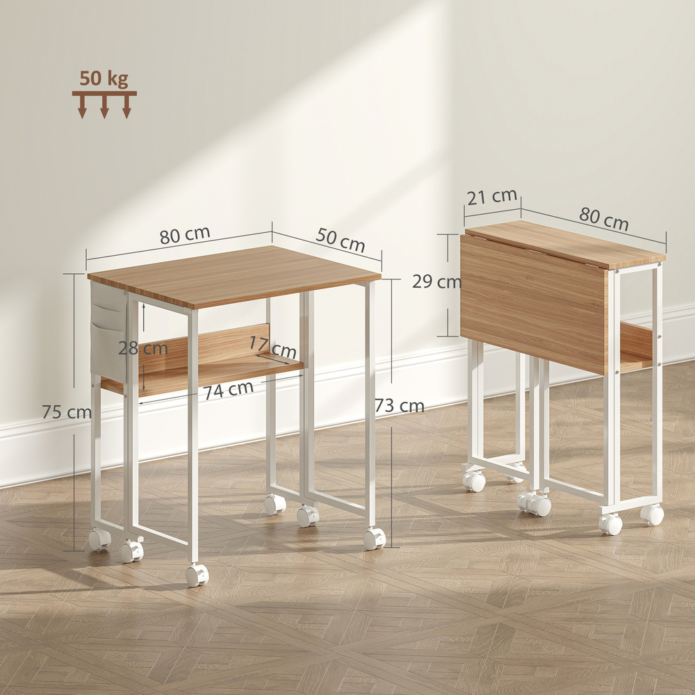 HOMCOM 80 cm Drop Leaf Writing Work Desk - Natural Wood Finish
