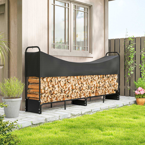 Outsunny 8.5ft Firewood Rack, Heavy Duty Log Storage Holder with Waterproof 600D Oxford Log Cover for Fireplace Fire Pits Outdoor Patio Wood Storage, 500 kg Large Capacity, Black