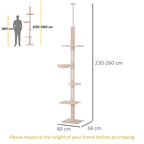 PawHut Floor to Ceiling Cat Tree 230-260cm Height Adjustable, 5-Tier Cat Tower with Scratching Posts, Hammock, Perches, Climbing Activity Centre for Indoor Kittens Playing and Relaxing, Beige