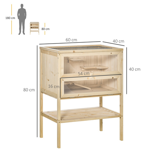 PawHut Wooden Hamster Cage with Storage Shelf, Small Animal Exercise Play House with Openable Top, Ramp for Gerbils, Drawf Hamsters, 60 x 40 x 80 cm - Natural