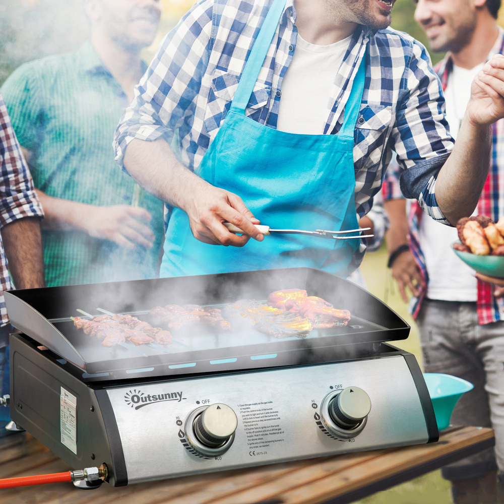 Outsunny Gas Plancha Barbecue Grill with 2 Stainless Steel Burner, 6kW, Portable Tabletop Gas BBQ with Non-Stick Griddle for Camping Picnic Garden Party Festival