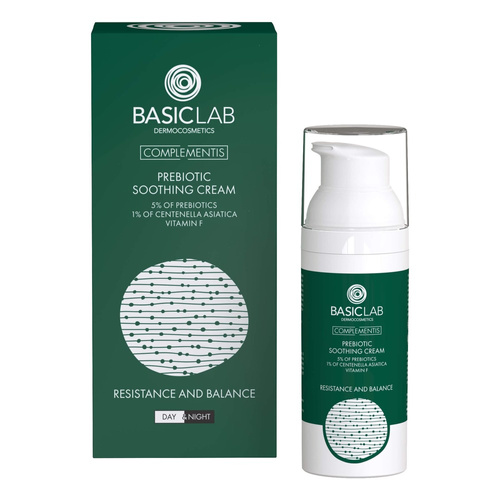 BasicLab Prebiotic Light Calming Cream with 5% Prebiotics 1% Centella Asiatica and Vitamin F Strengthening and Balancing for Problematic Skin Day and Night 50ml