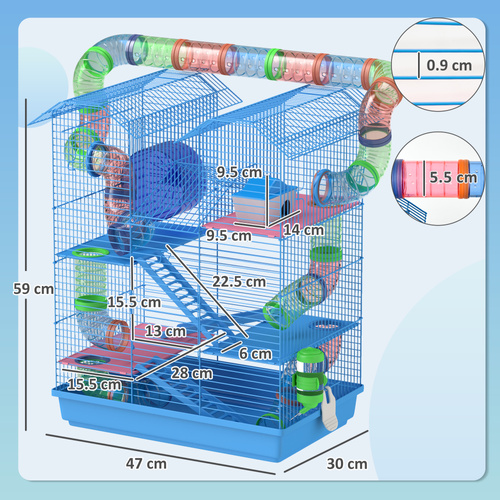 PawHut Hamster Cage, 5 Tier Carrier Habitat with Exercise Wheels Tunnel Tube Water Bottle Dishes House Ladder, Gerbil Cage for Dwarf Mice, Blue