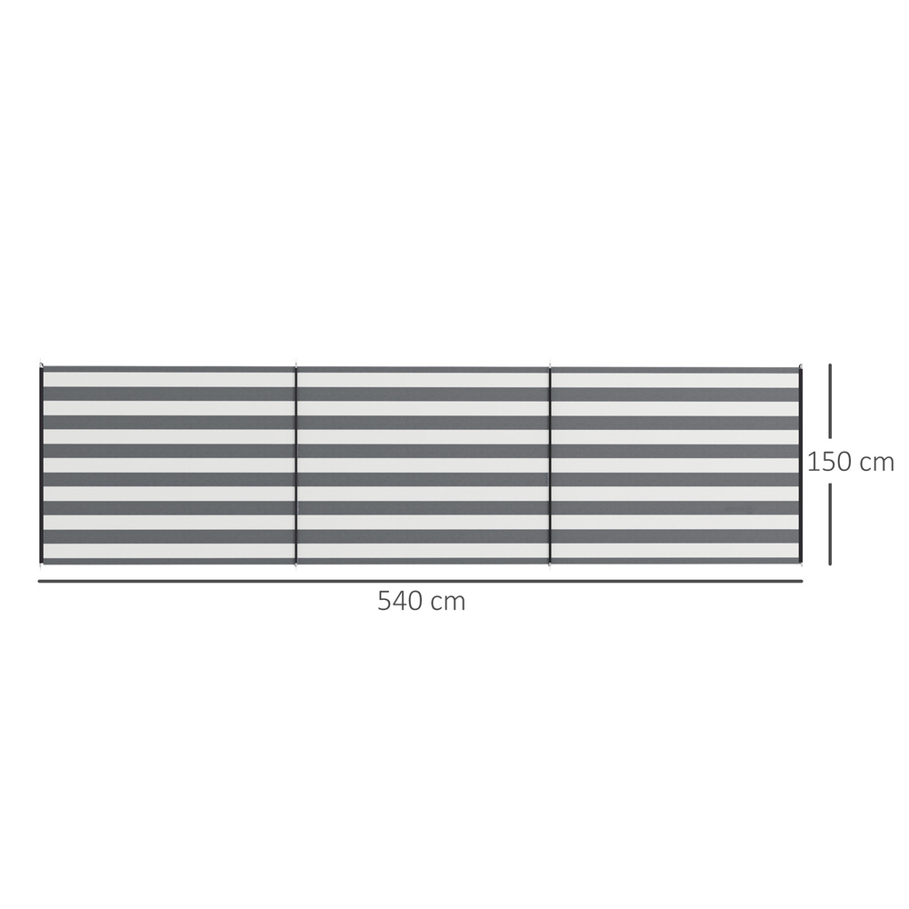 Outsunny 4 Pole Camping Windbreaks, Beach Wind Shield Shelter with Carry Bag and Steel Poles, Outdoor Caravan Privacy Shield, 540cm x 150cm, Grey and White