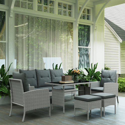 Outsunny 5 Seater Rattan Garden Furniture Set, 6 Piece Garden Sofa Set, Armchairs, 3-Seater Sofa, Footstools, Glass Dining Table, Cushions, Wicker Outdoor Furniture for Conservatory Patio, Grey