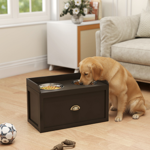 PawHut Stainless Steel Raised Dog Bowls, with 21L Storage Drawer for Large Dogs - Brown