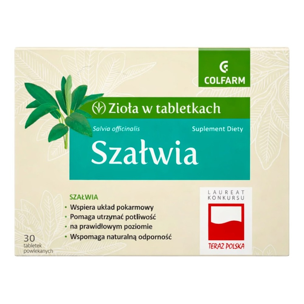 Colfarm Zioła w Tabletkach Szałwia Wspomaga Układ Pokarmowy i Naturalną Odporność 30 Tabletek