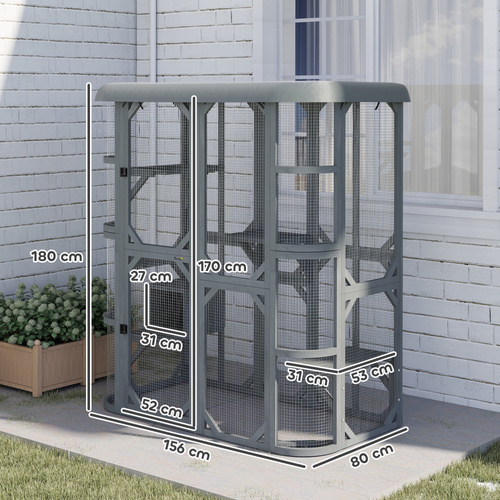 PawHut Catio Outdoor Cat Enclosure, Wooden Cat House with Platforms, Condo and Waterproof Cover for 2–3 Kittens, Grey