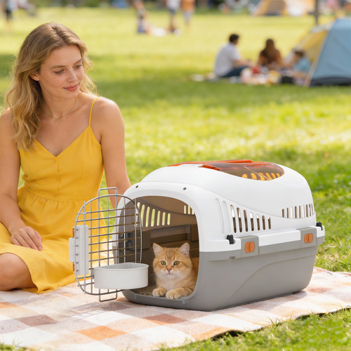 PawHut Plastic Pet Carrier Hard Shell Dog Cat Carrier Max 4 KG Steel Door Feed Bowl Secure Lock 49 x 32 x 31 cm