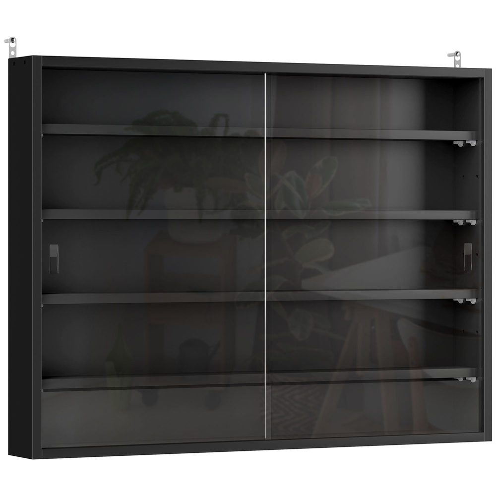 HOMCOM 5-Tier Wall Display Shelf Unit Cabinet w/ 4 Adjustable Shelves Glass Doors Home Office Ornaments 60x80cm Black
