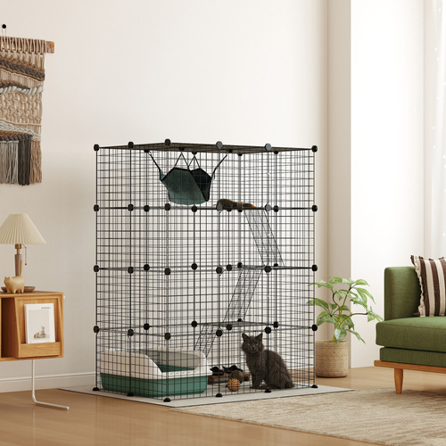 PawHut Four-Tier DIY Large Cat Cage with Hammock, Ramps, Five Doors, Indoor Use for 1-3 Cats, Black
