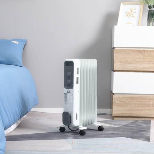 HOMCOM 1500W Oil Filled Radiator, Portable Electric Heater with 3 Heat Settings, Safety Cut-Off and Wheels, White