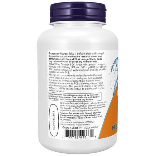 Now Foods Ultra Omega 3-D z Witaminą D-3 Wspomaga Odporność i Pracę Mózgu 90 Kapsułek