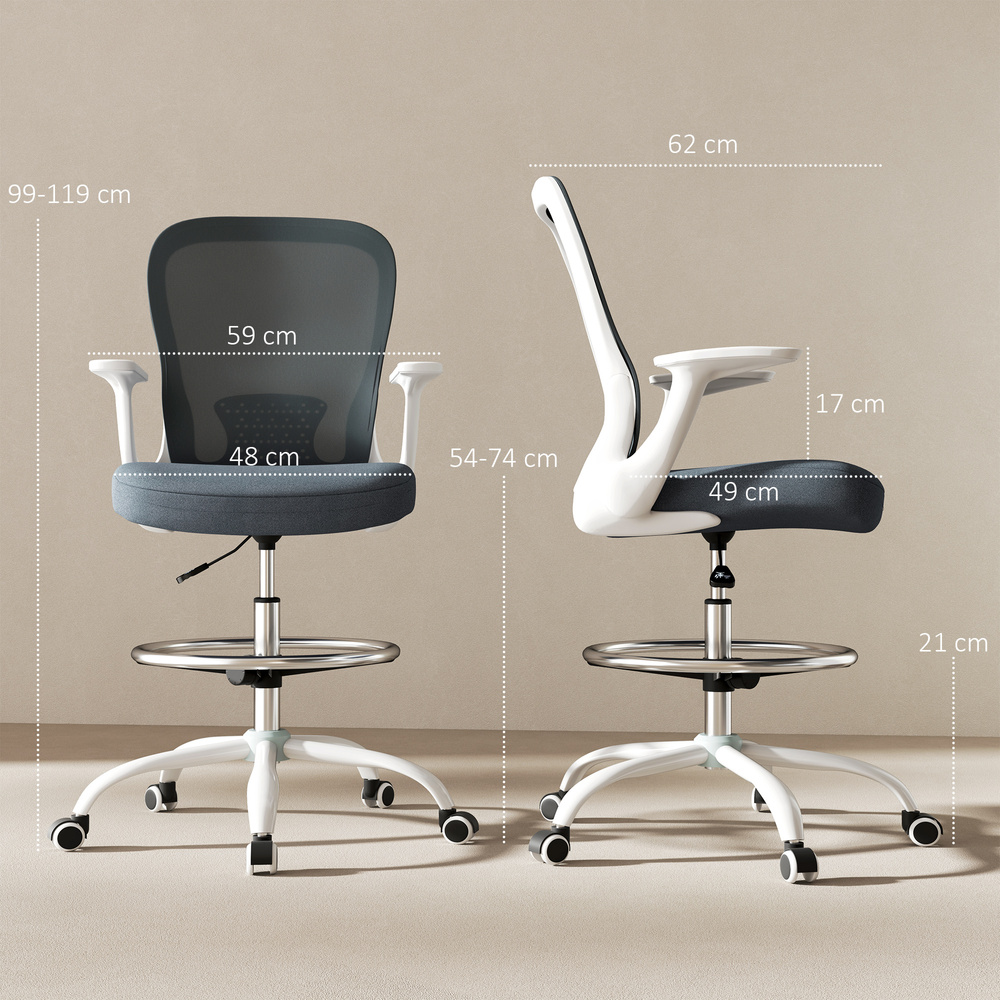 HOMCOM 99-119 cm Draughtsman Chair, with Adjustable Footrest - Grey