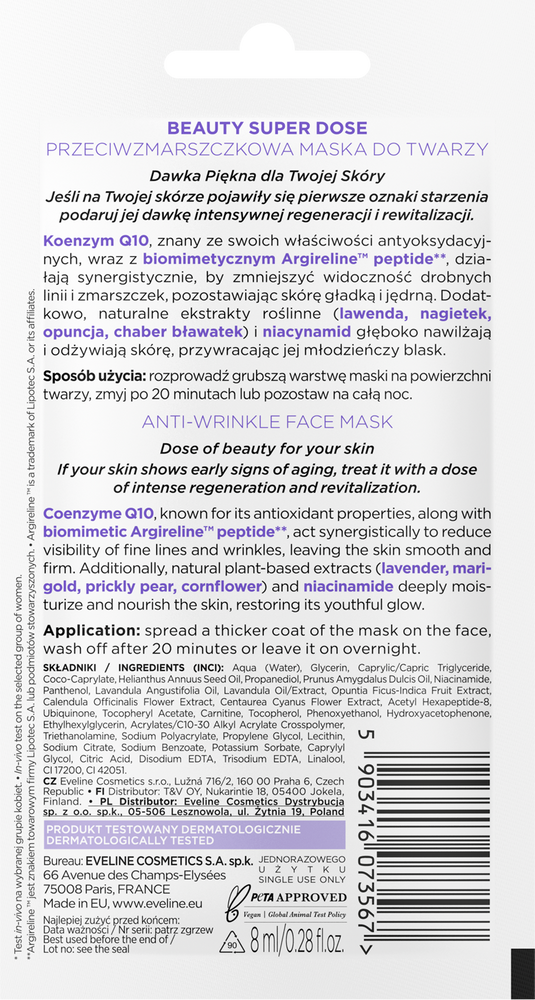 Eveline Beauty Super Dose Przeciwzmarszczkowa Maska do Twarzy Q10 8ml