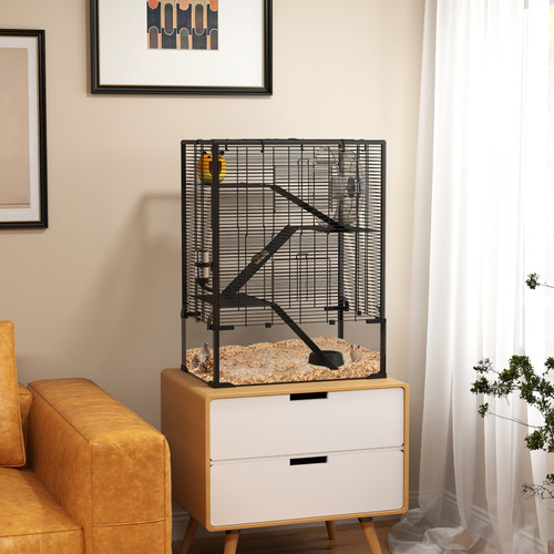 PawHut Four-Tier Hamster Cage with Deep Tempered Glass Bottom, Hut, Running Wheel, Food Dish, Water Bottle, 60 x 40 x 80cm