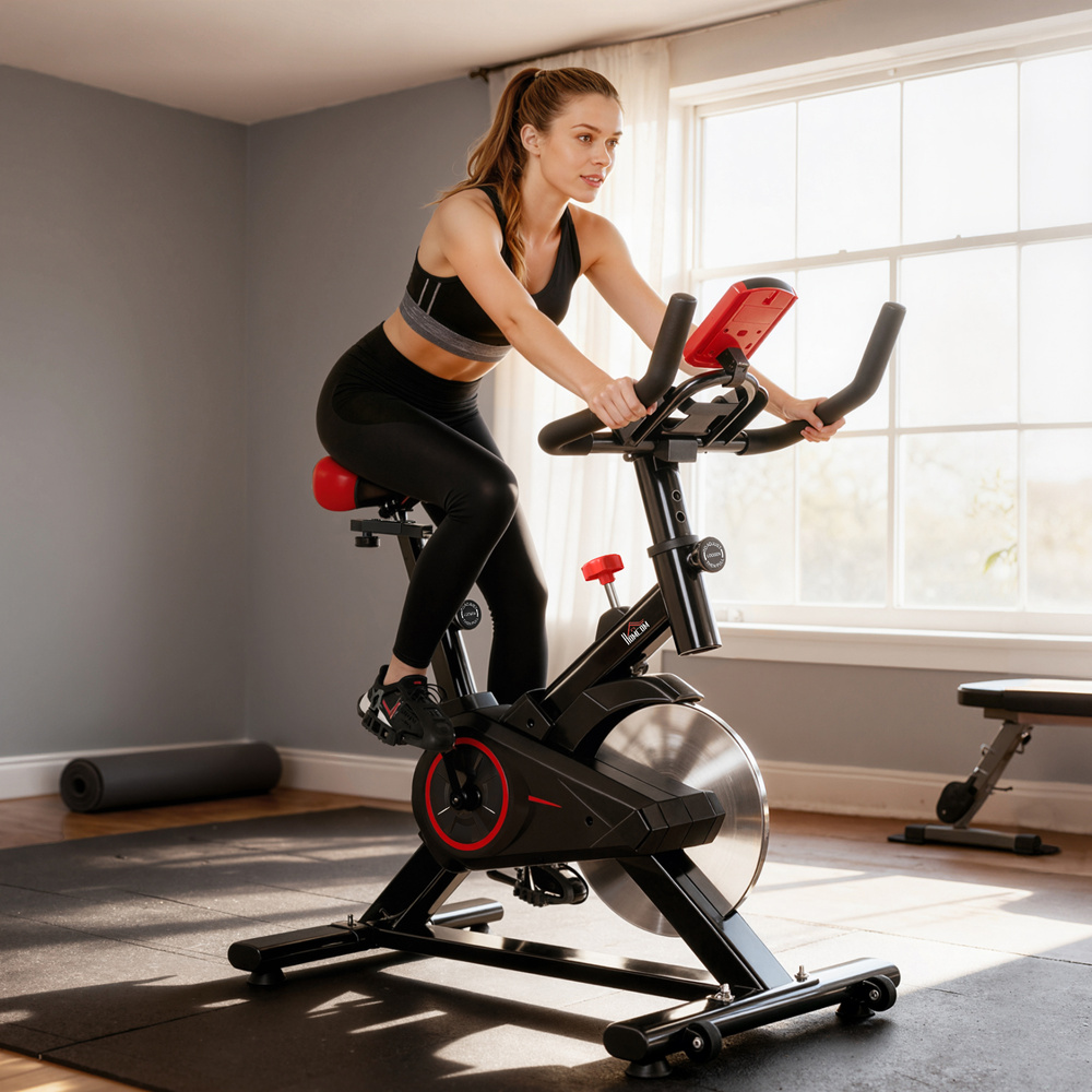 HOMCOM Indoor Upright Exercise Bike Machine, with Adjustable Seat, Resistance, Handlebar, LCD Display